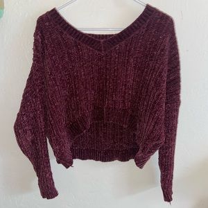 v-neck maroon velvet knitted cropped sweater